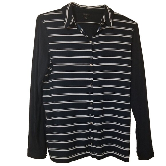 Ann Taylor Button Down Shirt Navy White Striped Long Sleeve Womens Medium - Picture 1 of 4